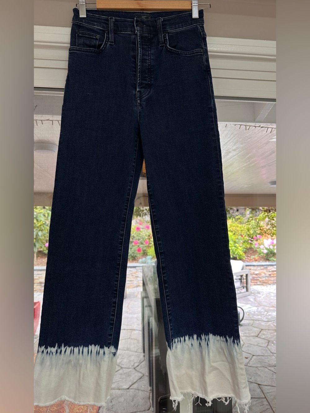 MOTHER Dark Blue Denim Wide-Leg Jeans with White Bleached Hem